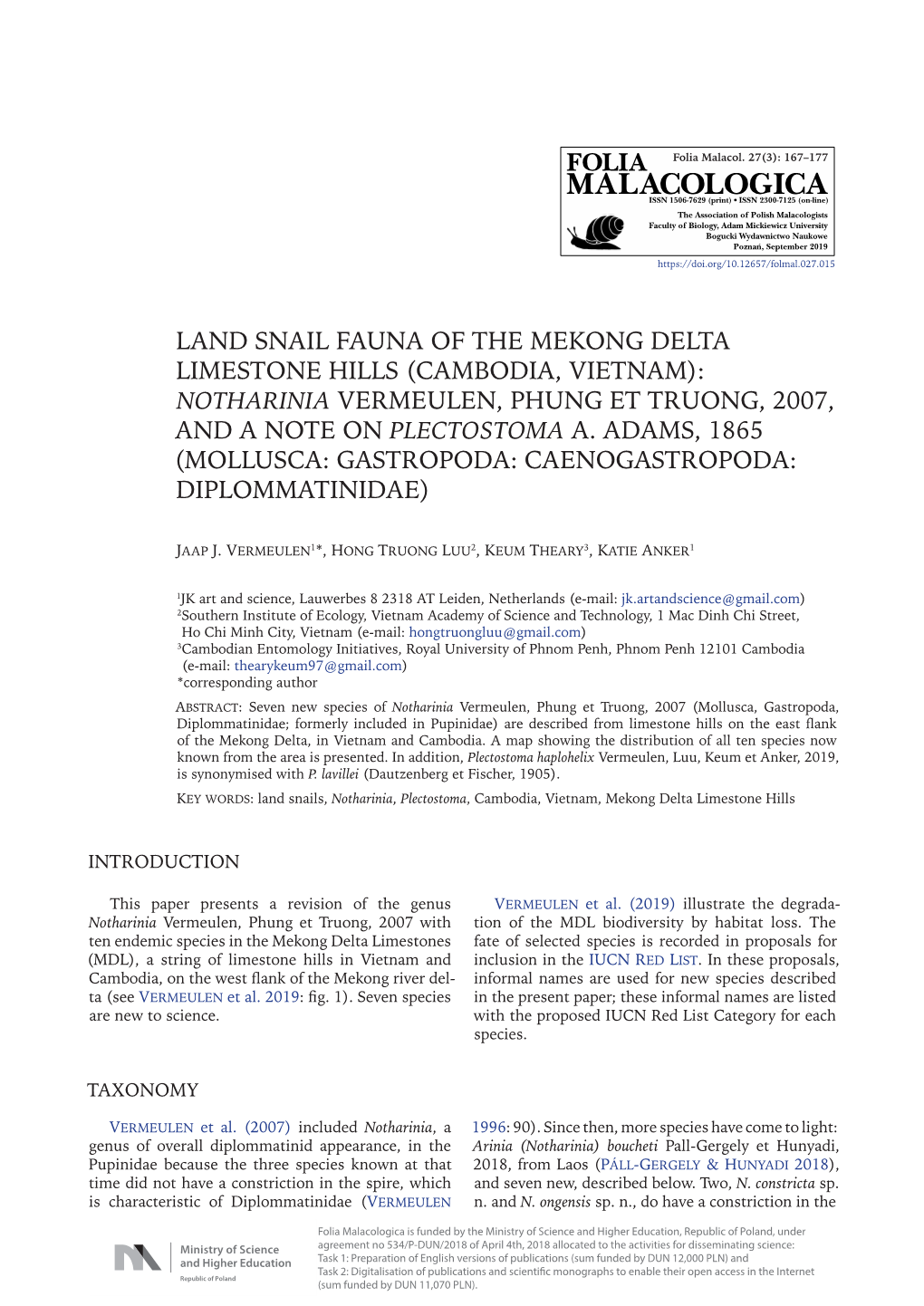 Land Snail Fauna of the Mekong Delta Limestone Hills (Cambodia, Vietnam): Notharinia Vermeulen, Phung Et Truong, 2007, and a Note on Plectostoma A