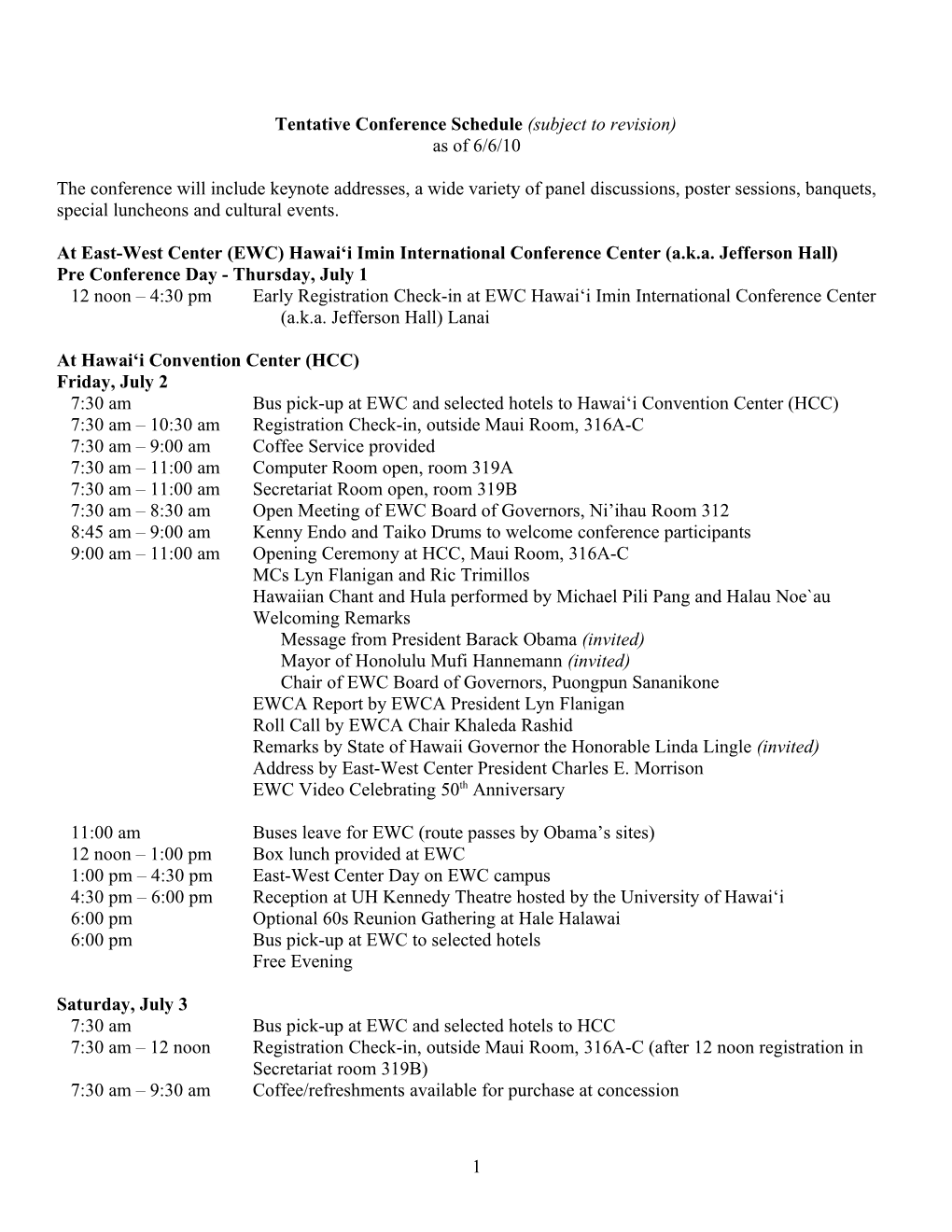 Tentative Conference Schedule