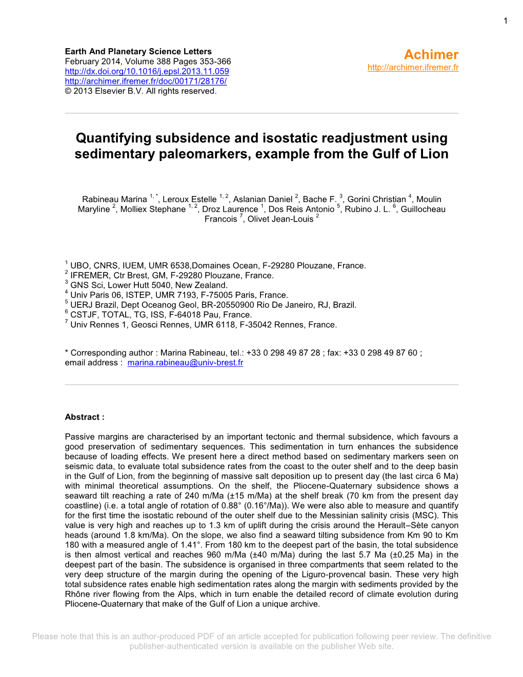 Quantifying Subsidence and Isostatic Readjustment Using Sedimentary Paleomarkers, Example from the Gulf of Lion