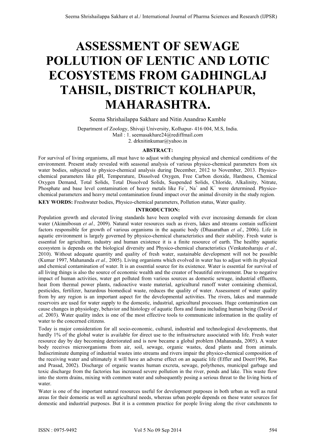 Assessment of Sewage Pollution of Lentic and Lotic Ecosystems from Gadhinglaj Tahsil, District Kolhapur, Maharashtra