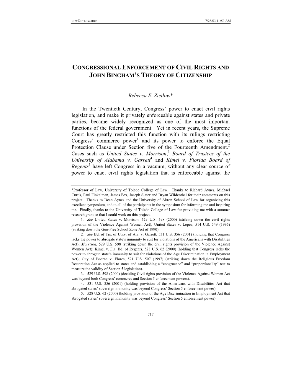 Congressional Enforcement of Civil Rights and John Bingham's Theory Of