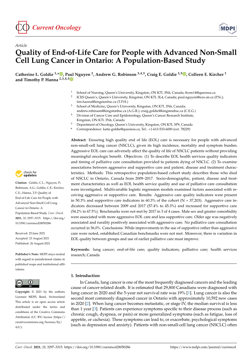 Quality of End-Of-Life Care for People with Advanced Non-Small Cell Lung Cancer in Ontario: a Population-Based Study