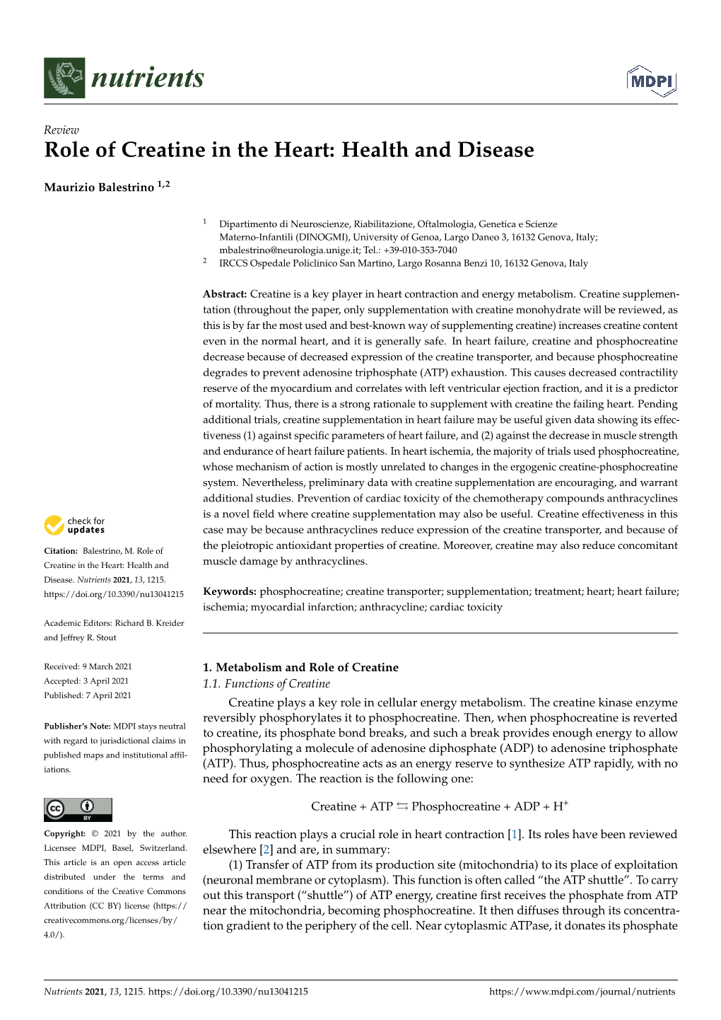 Role of Creatine in the Heart: Health and Disease