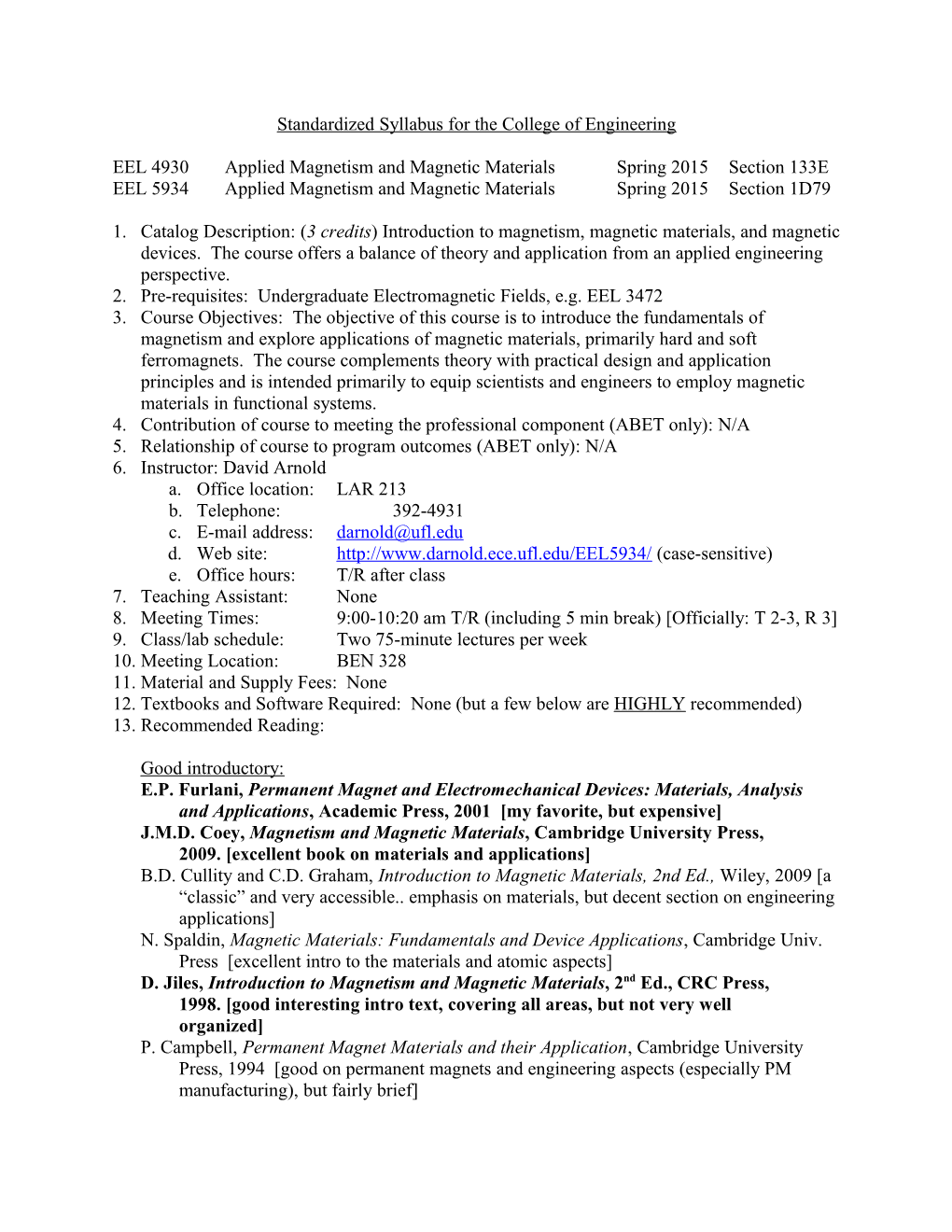 Standardized Syllabus for the College of Engineering