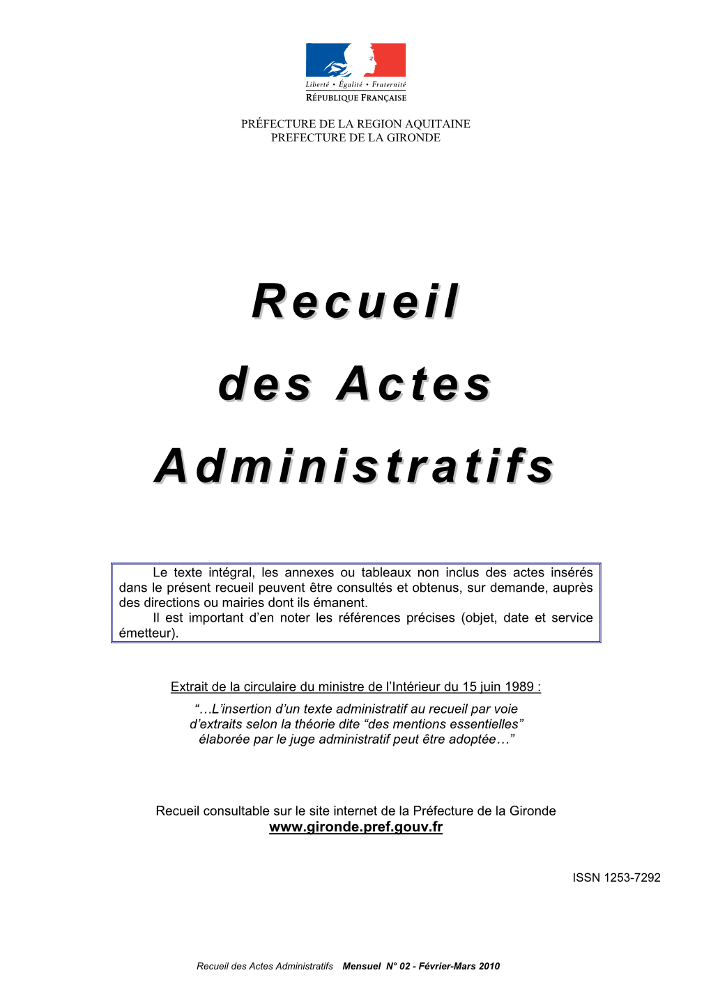 Recueil Des Actes Administratifs Mensuel N° 02 - Février-Mars 2010 Recueil Des Actes Administratifs
