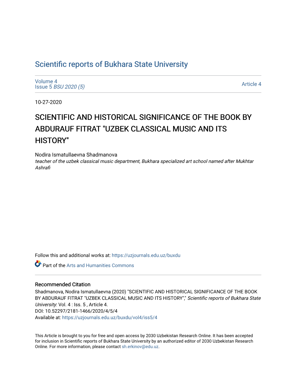 Scientific and Historical Significance of the Book by Abdurauf Fitrat "Uzbek Classical Music and Its History"