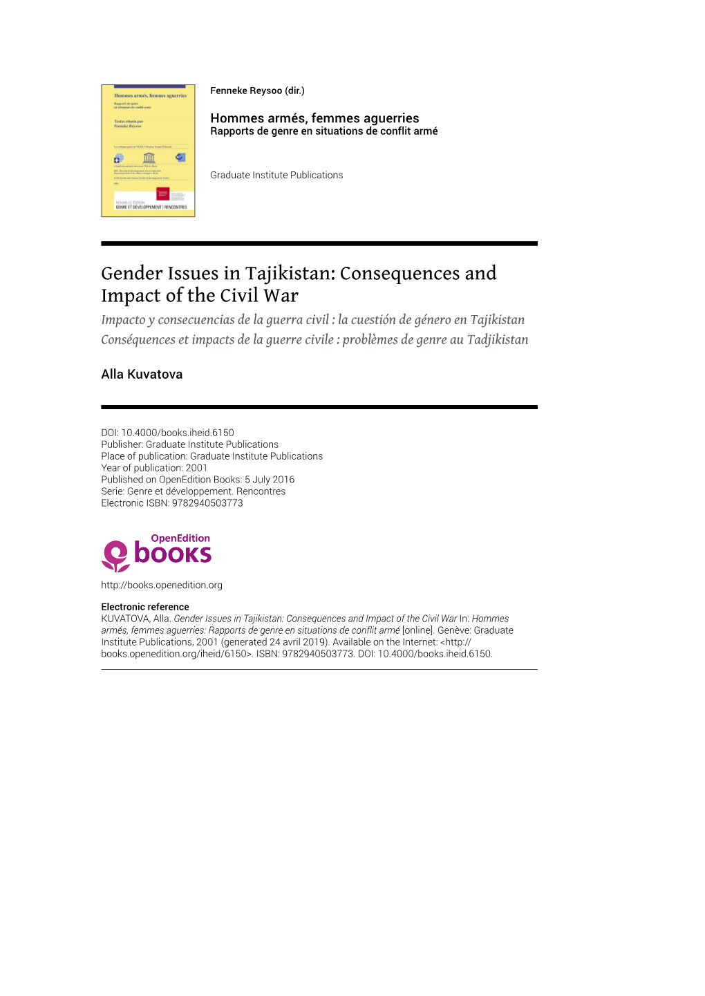 Gender Issues in Tajikistan: Consequences and Impact of The