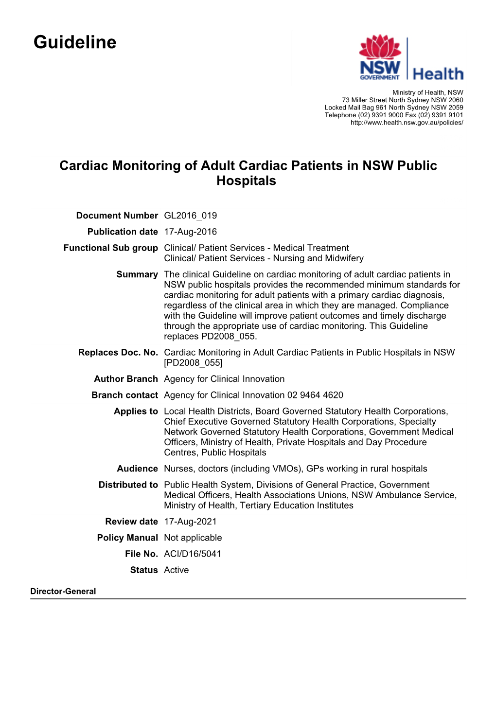 Cardiac Monitoring of Adult Cardiac Patients in NSW Public Hospitals