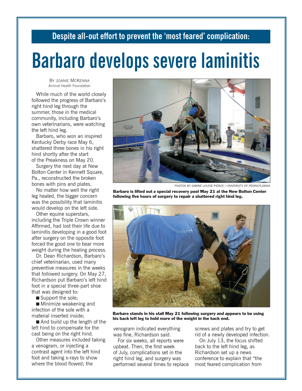Barbaro Develops Severe Laminitis
