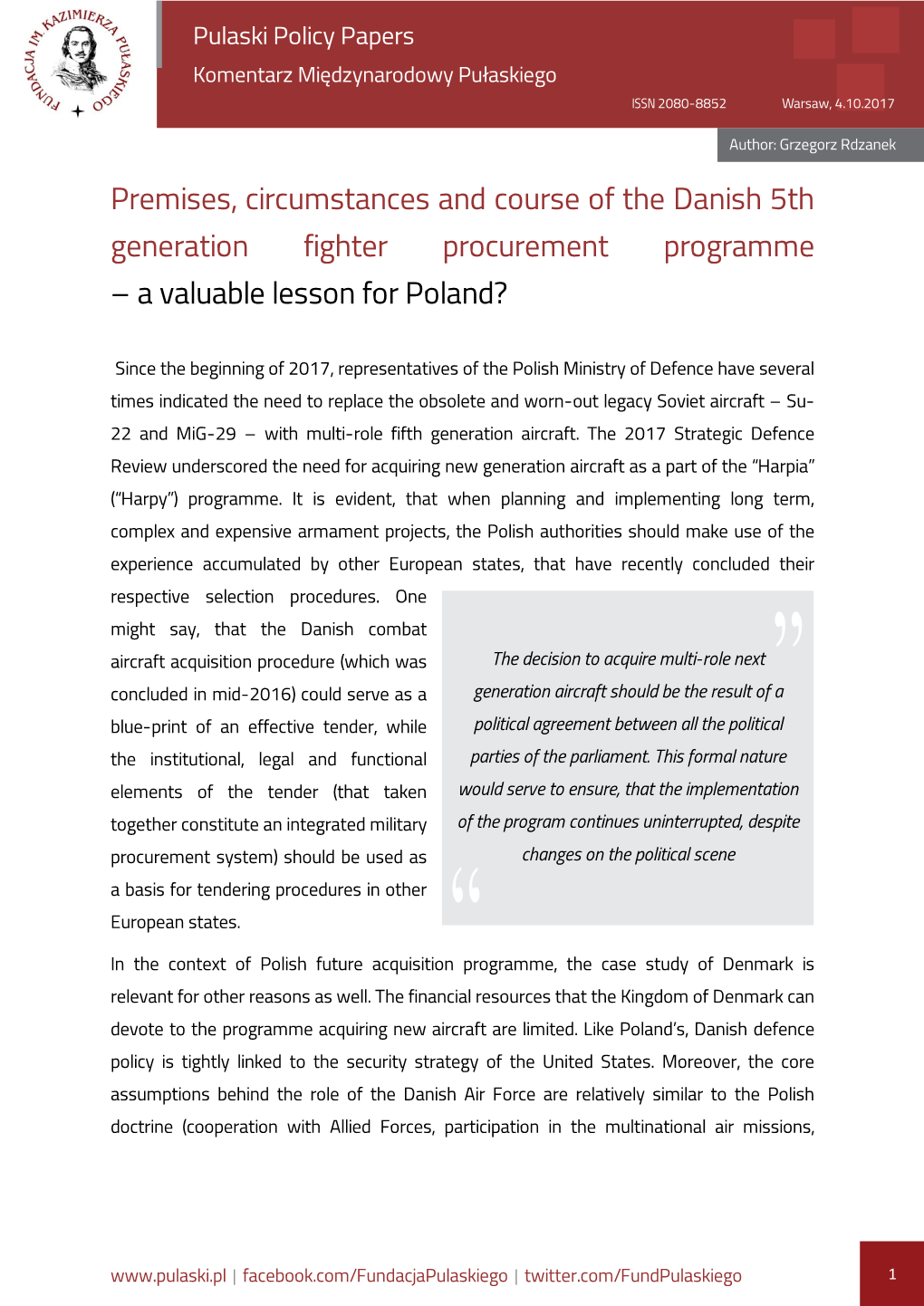 Premises, Circumstances and Course of the Danish 5Th Generation Fighter Procurement Programme – a Valuable Lesson for Poland?