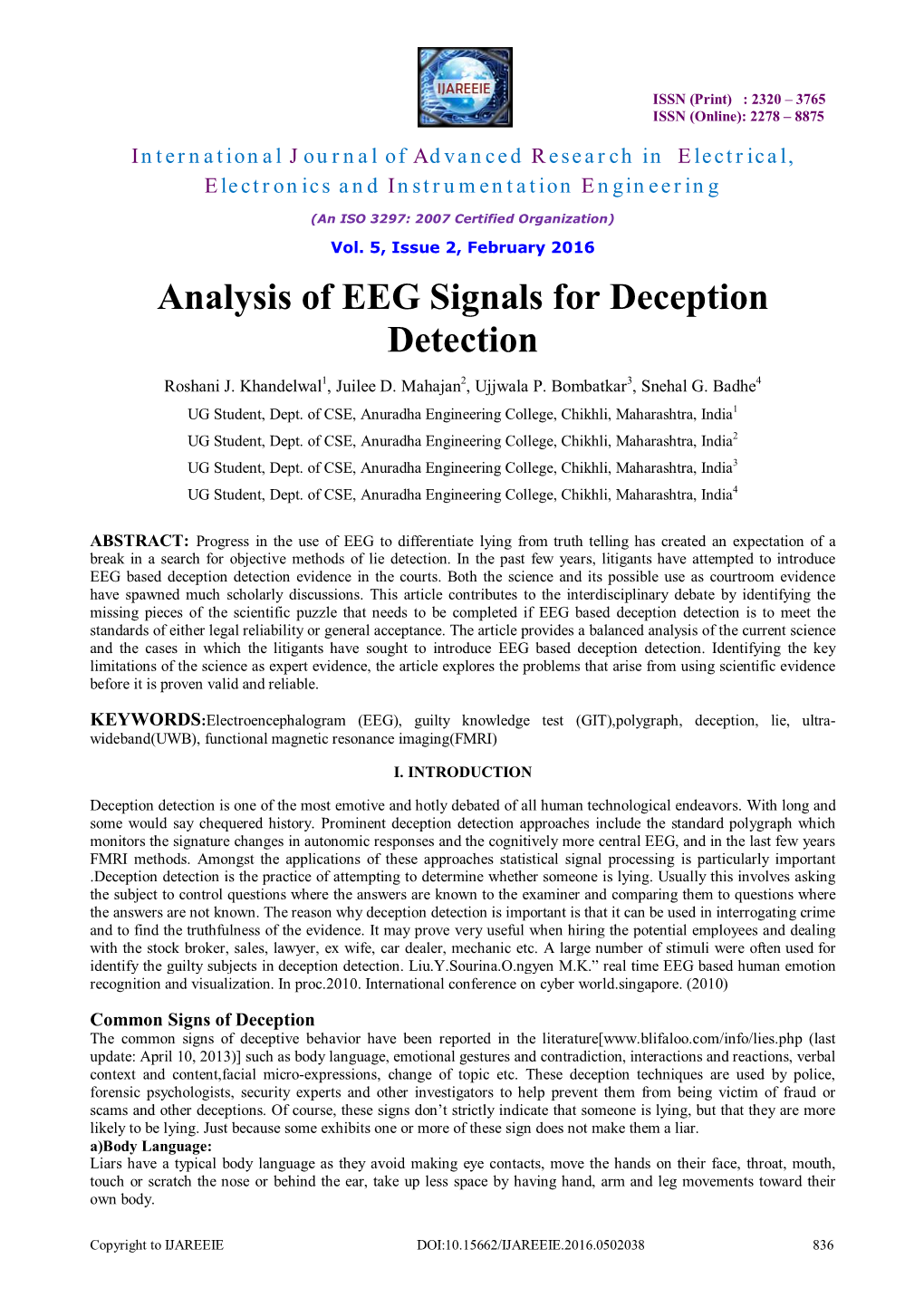 Analysis of EEG Signals for Deception Detection