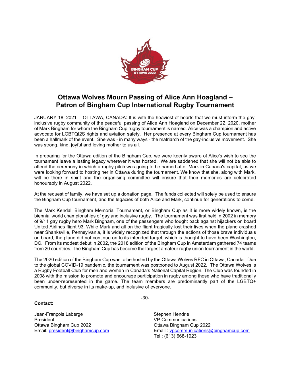 Ottawa Wolves Mourn Passing of Alice Ann Hoagland – Patron of Bingham Cup International Rugby Tournament