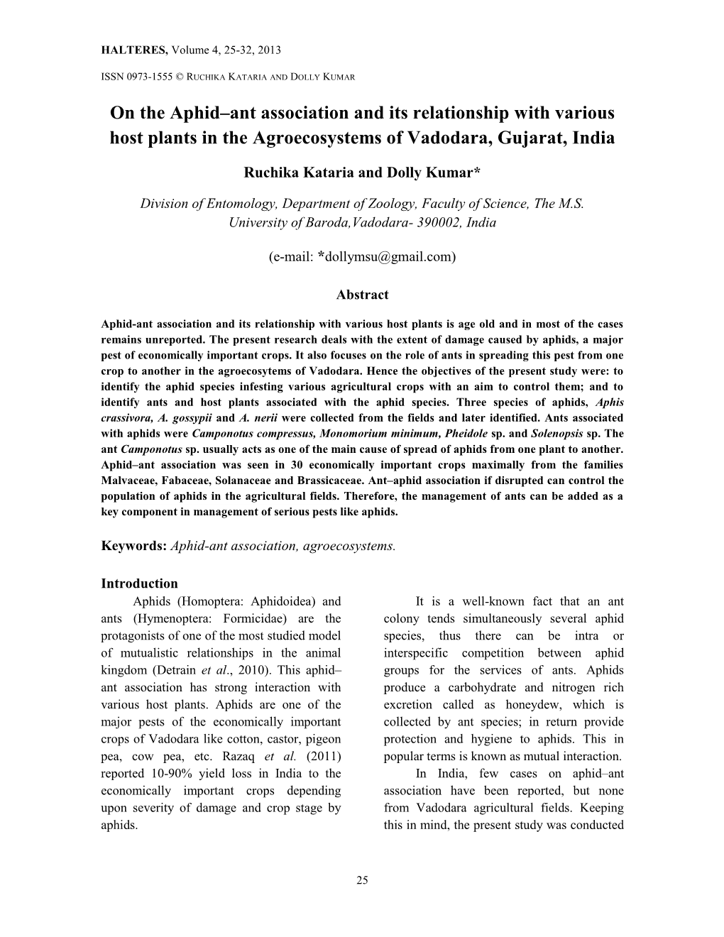 On the Aphid–Ant Association and Its Relationship with Various Host Plants in the Agroecosystems of Vadodara, Gujarat, India