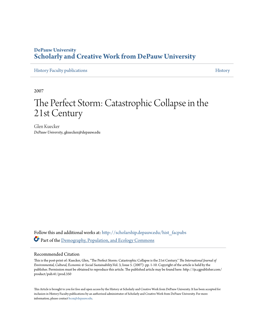 The Perfect Storm: Catastrophic Collapse in the 21St Century