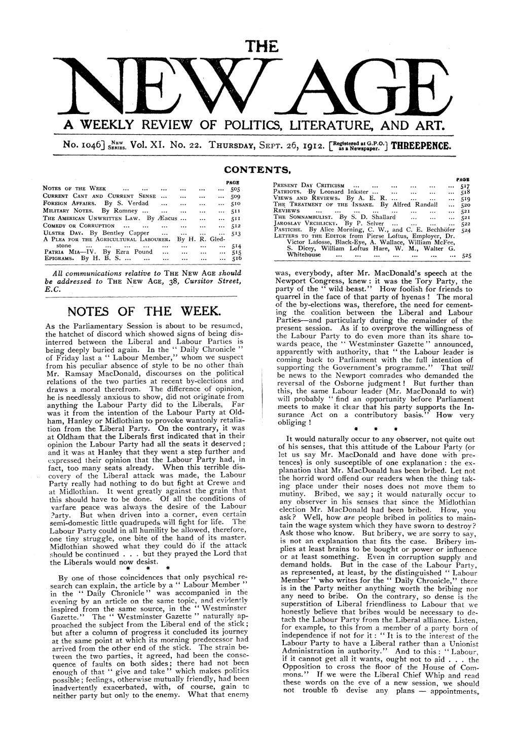 New Age, Vol. 11, No.22, Sept. 26, 1912