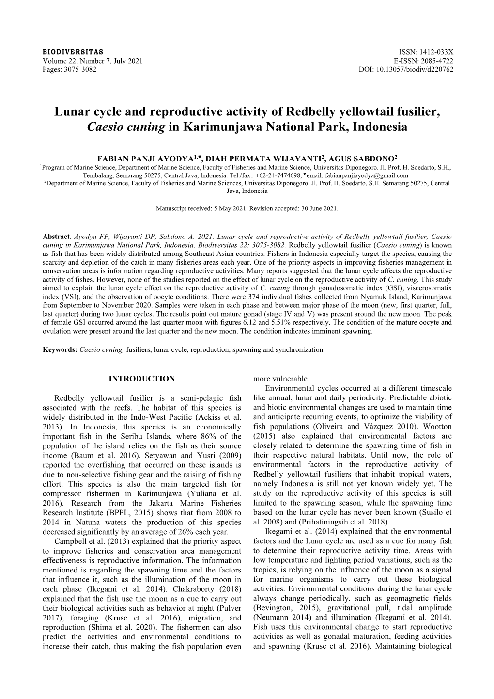 Lunar Cycle and Reproductive Activity of Redbelly Yellowtail Fusilier, Caesio Cuning in Karimunjawa National Park, Indonesia