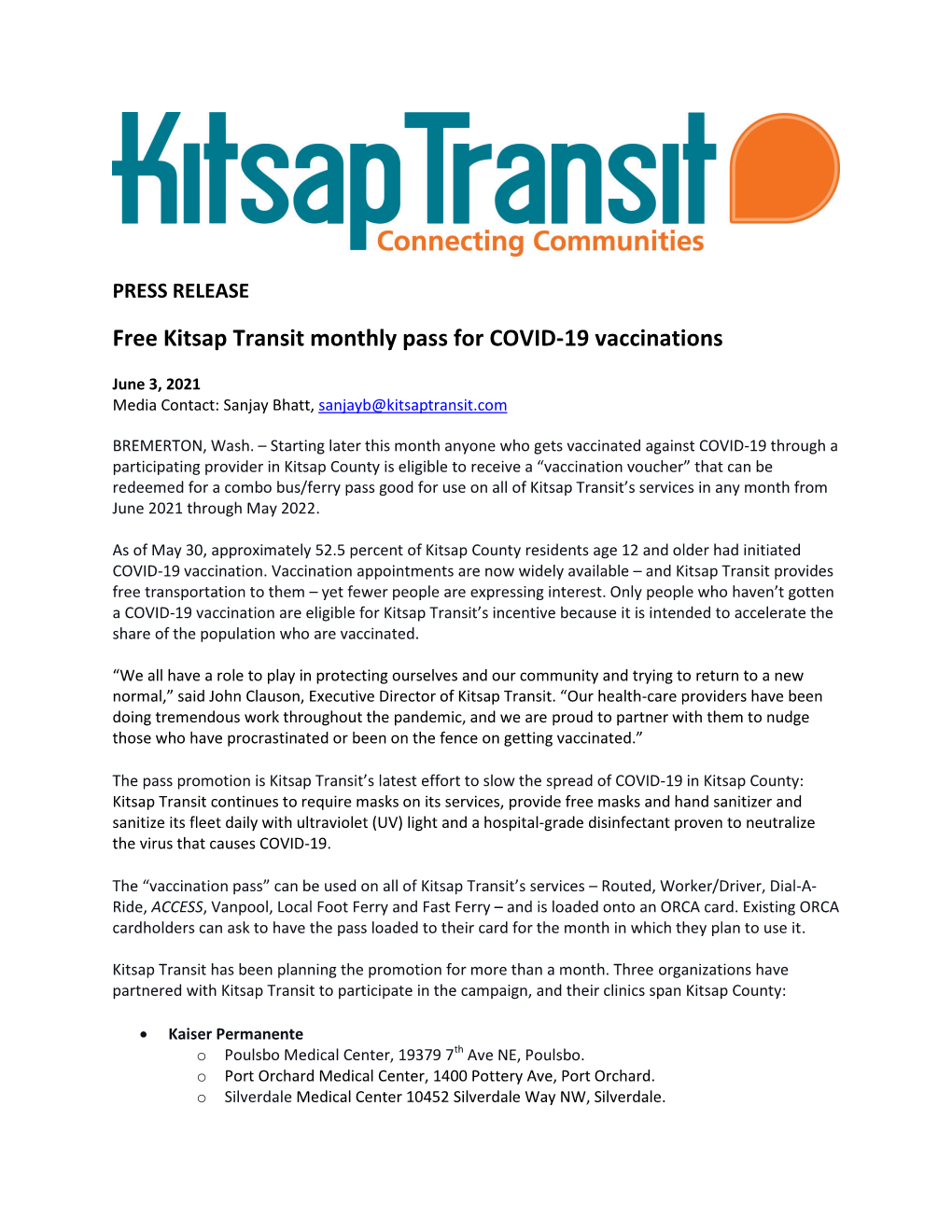 Free Kitsap Transit Monthly Pass for COVID-19 Vaccinations