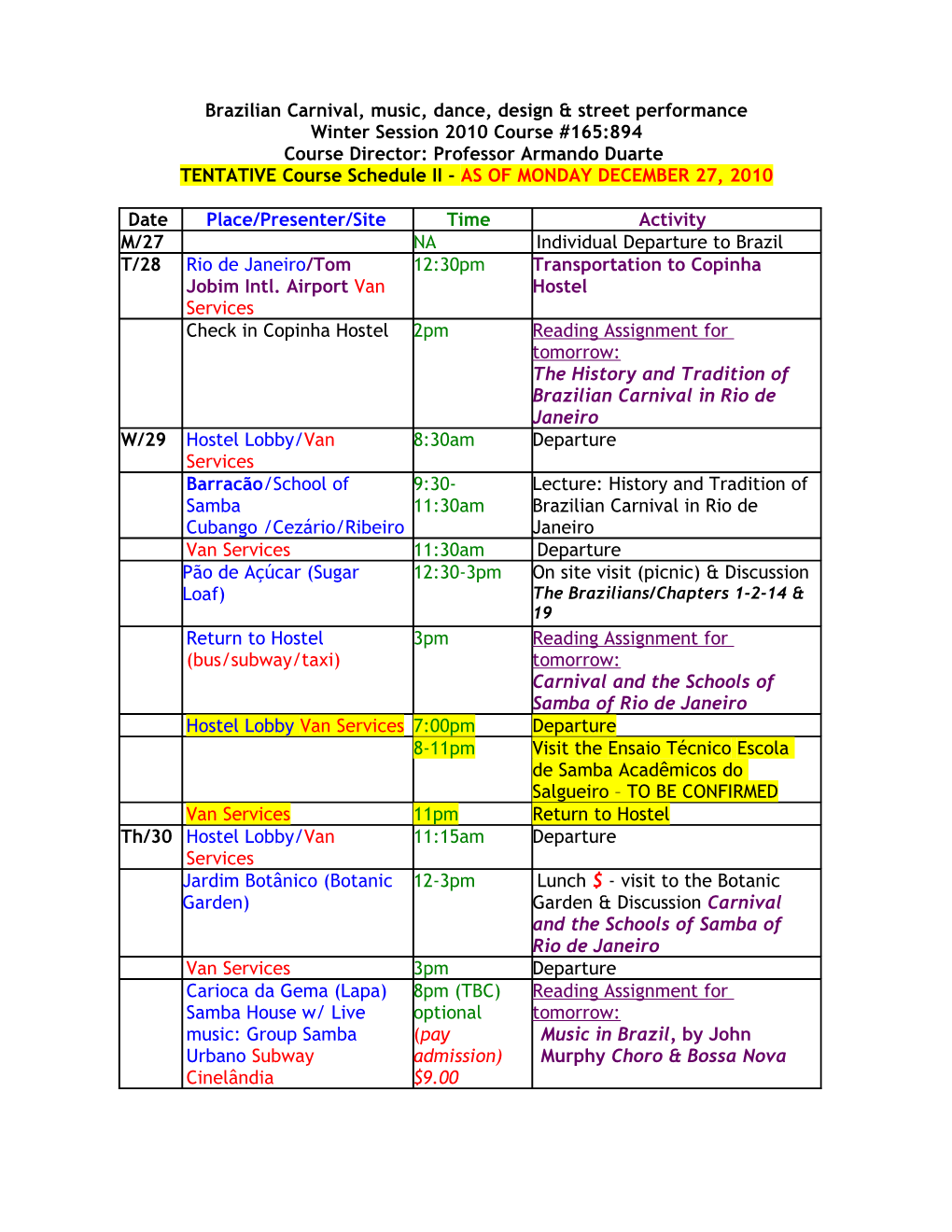 Course Schedule Study Abroad