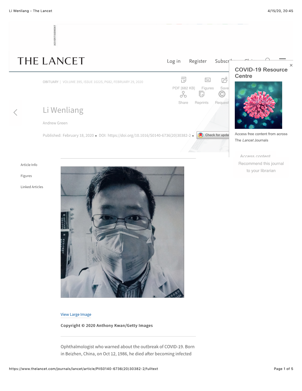Li Wenliang - the Lancet 4/15/20, 20�45