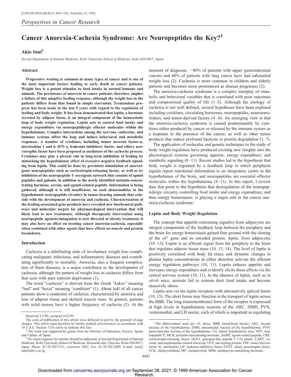 Cancer Anorexia-Cachexia Syndrome: Are Neuropeptides the Key?1