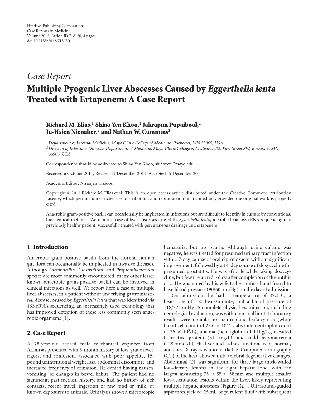 Multiple Pyogenic Liver Abscesses Caused by Eggerthella Lenta Treated with Ertapenem: a Case Report