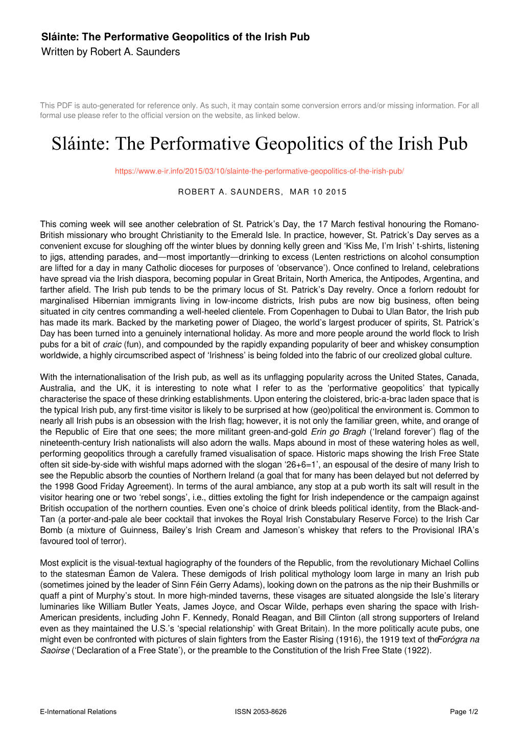 The Performative Geopolitics of the Irish Pub Written by Robert A