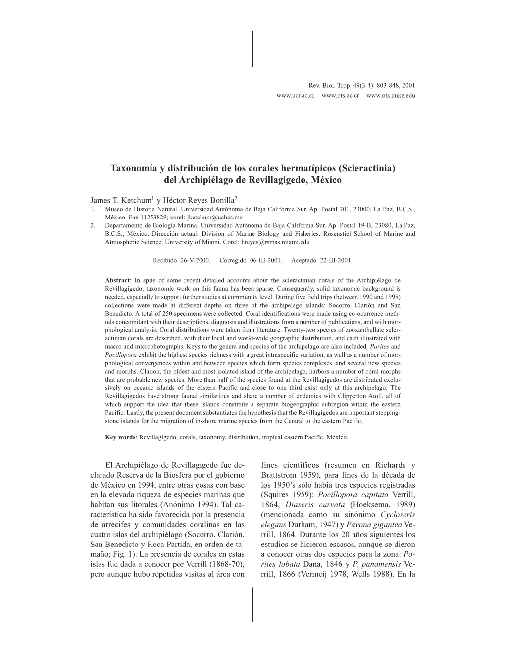 Taxonomía Y Distribución De Los Corales Hermatípicos (Scleractinia) Del Archipiélago De Revillagigedo, México