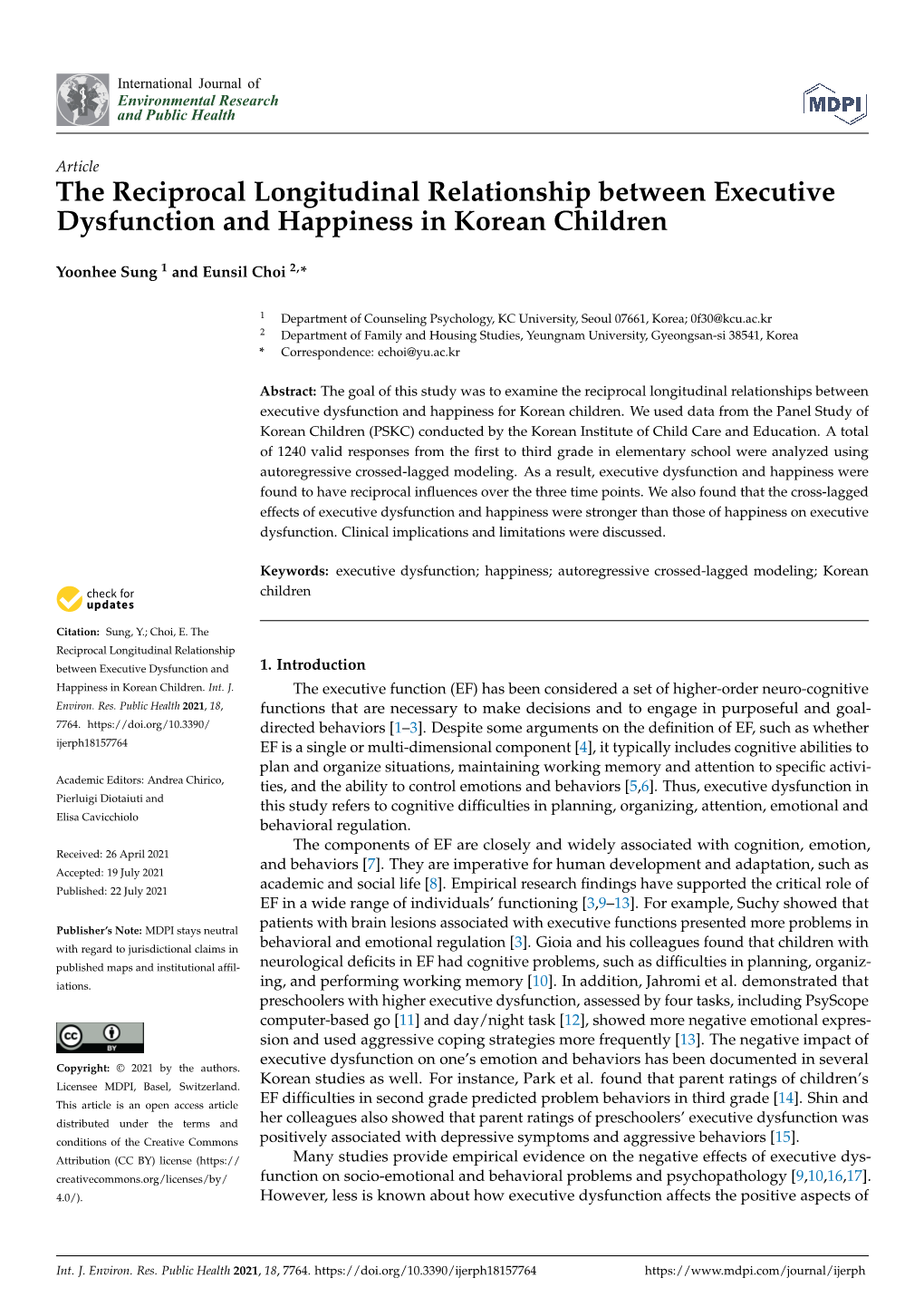 The Reciprocal Longitudinal Relationship Between Executive Dysfunction and Happiness in Korean Children