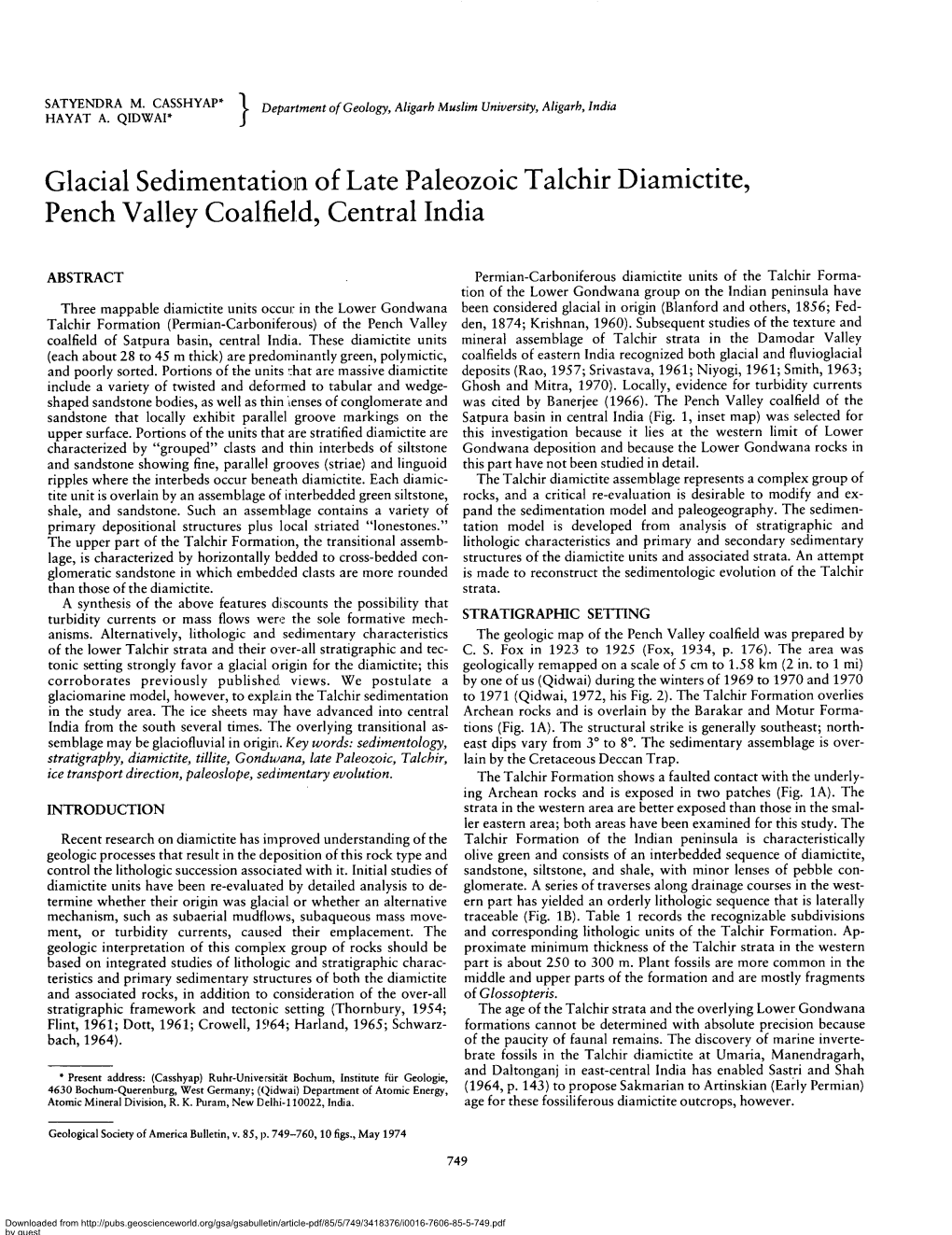 Glacial Sedimentation of Late Paleozoic Talchir Diamictite, Pench Valley Coalfield, Central India