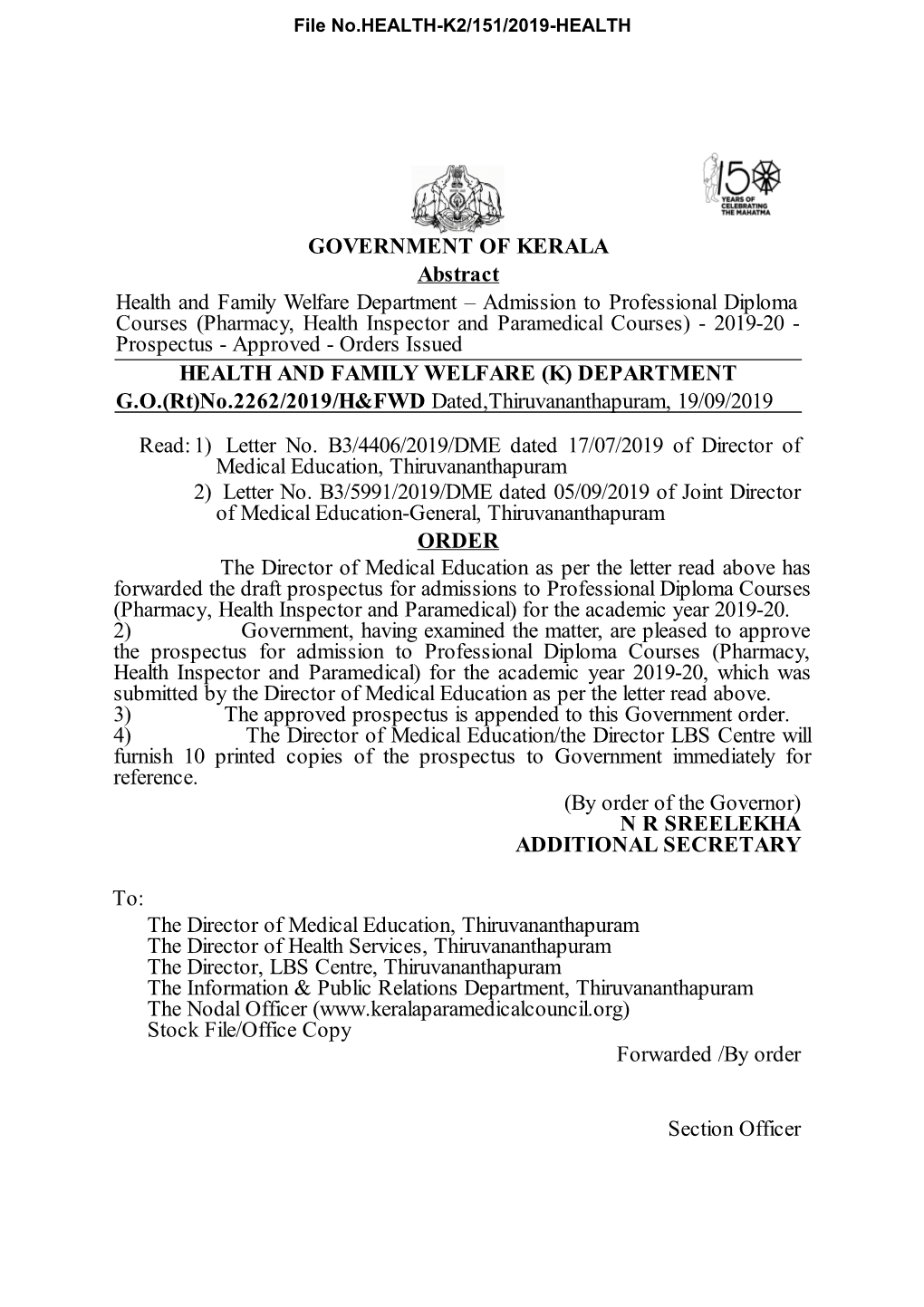 Prospectus - Approved - Orders Issued HEALTH and FAMILY WELFARE (K) DEPARTMENT G.O.(Rt)No.2262/2019/H&FWD Dated,Thiruvananthapuram, 19/09/2019 Read: 1) Letter No