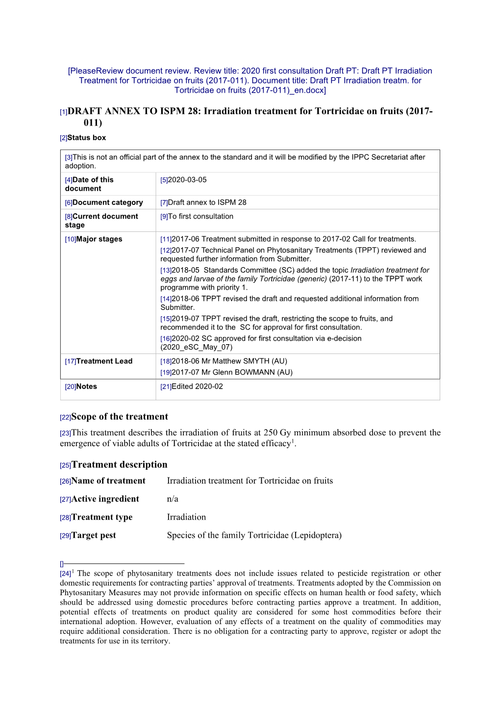 [1]DRAFT ANNEX to ISPM 28: Irradiation Treatment for Tortricidae on Fruits (2017- 011) [2]Status Box