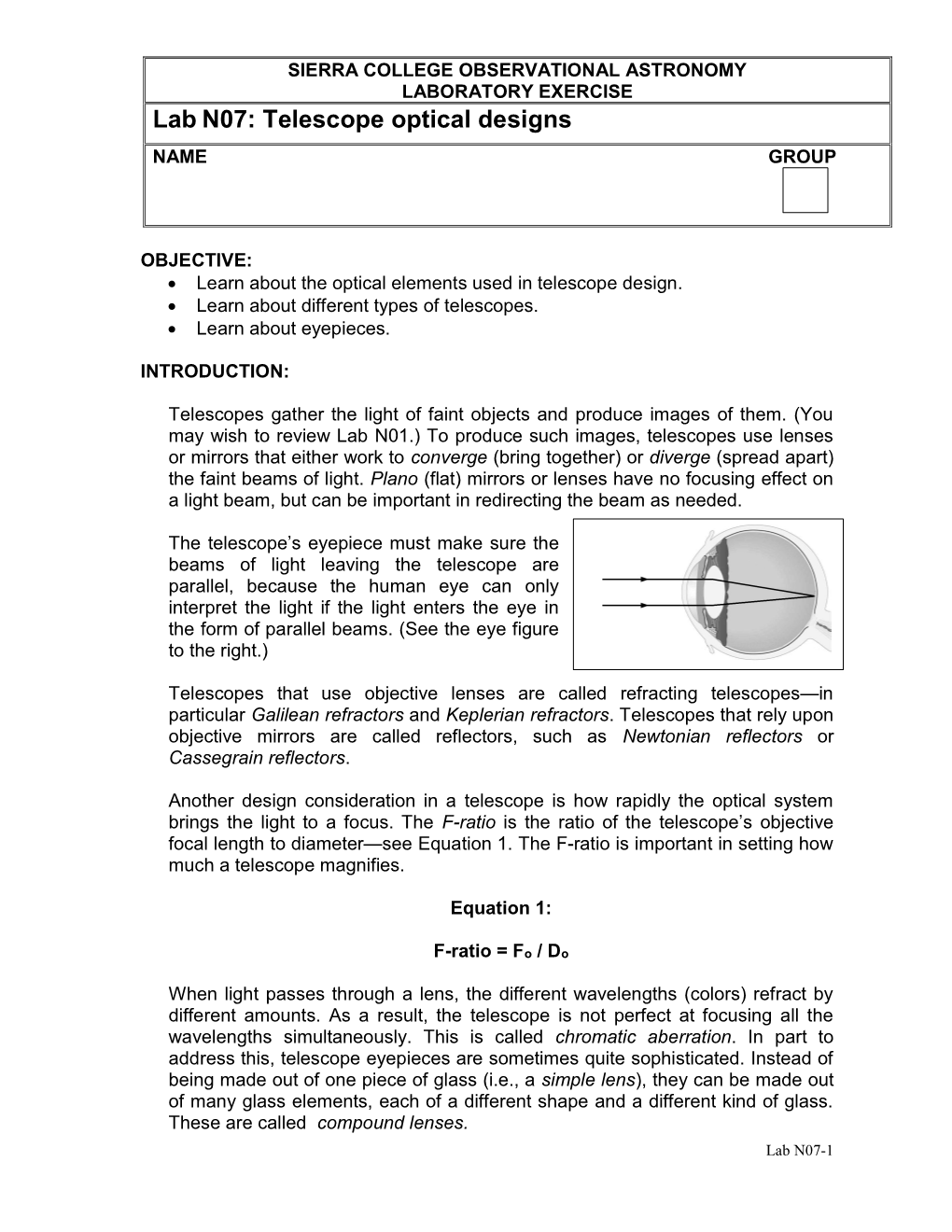 Lab N07: Telescope Optical Designs NAME GROUP