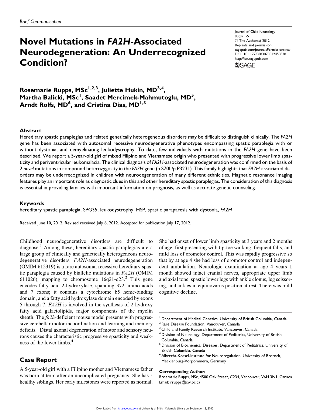 Novel Mutations in FA2H-Associated Neurodegeneration