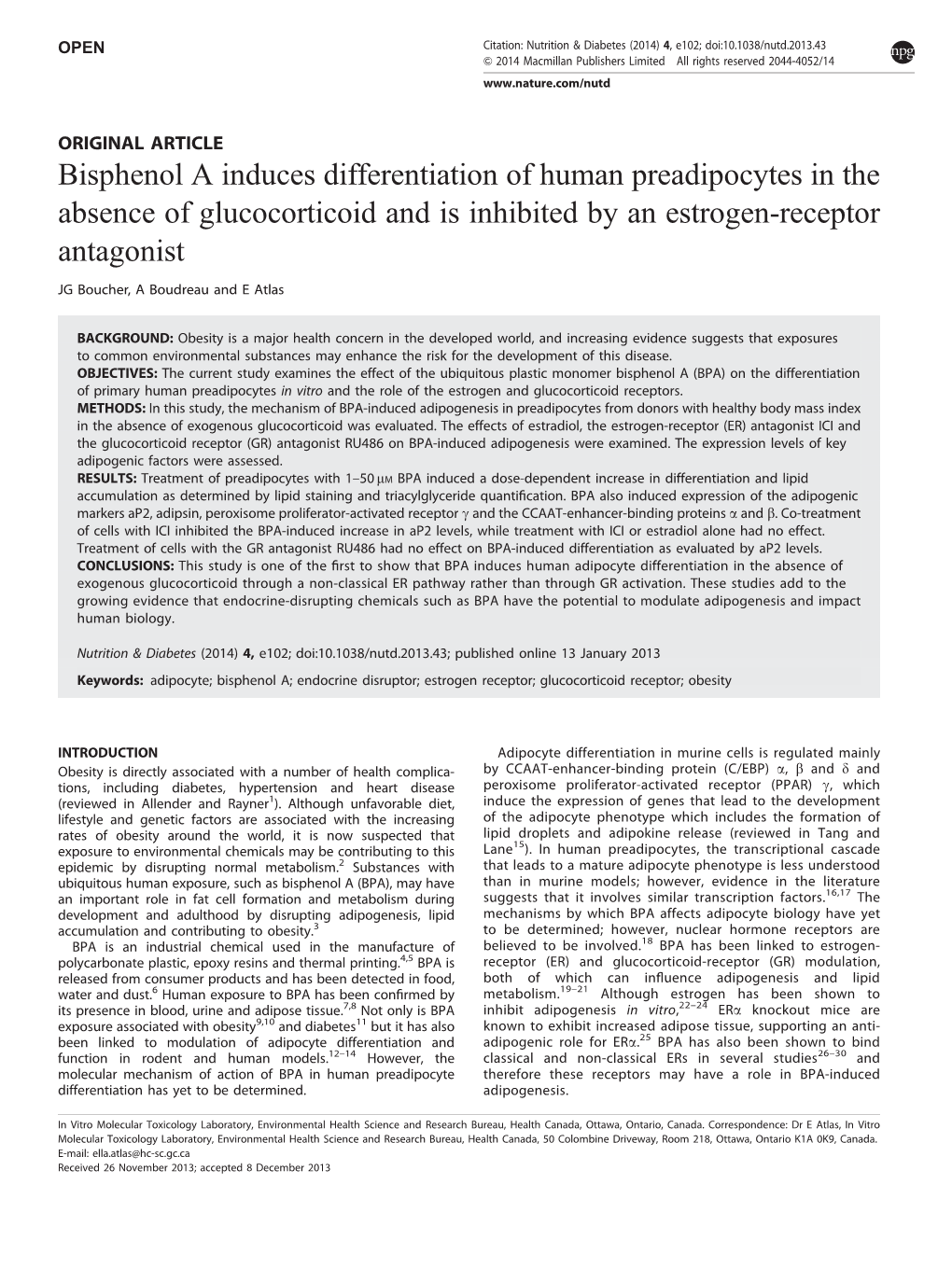 Bisphenol a Induces Differentiation of Human Preadipocytes in the Absence of Glucocorticoid and Is Inhibited by an Estrogen-Receptor Antagonist