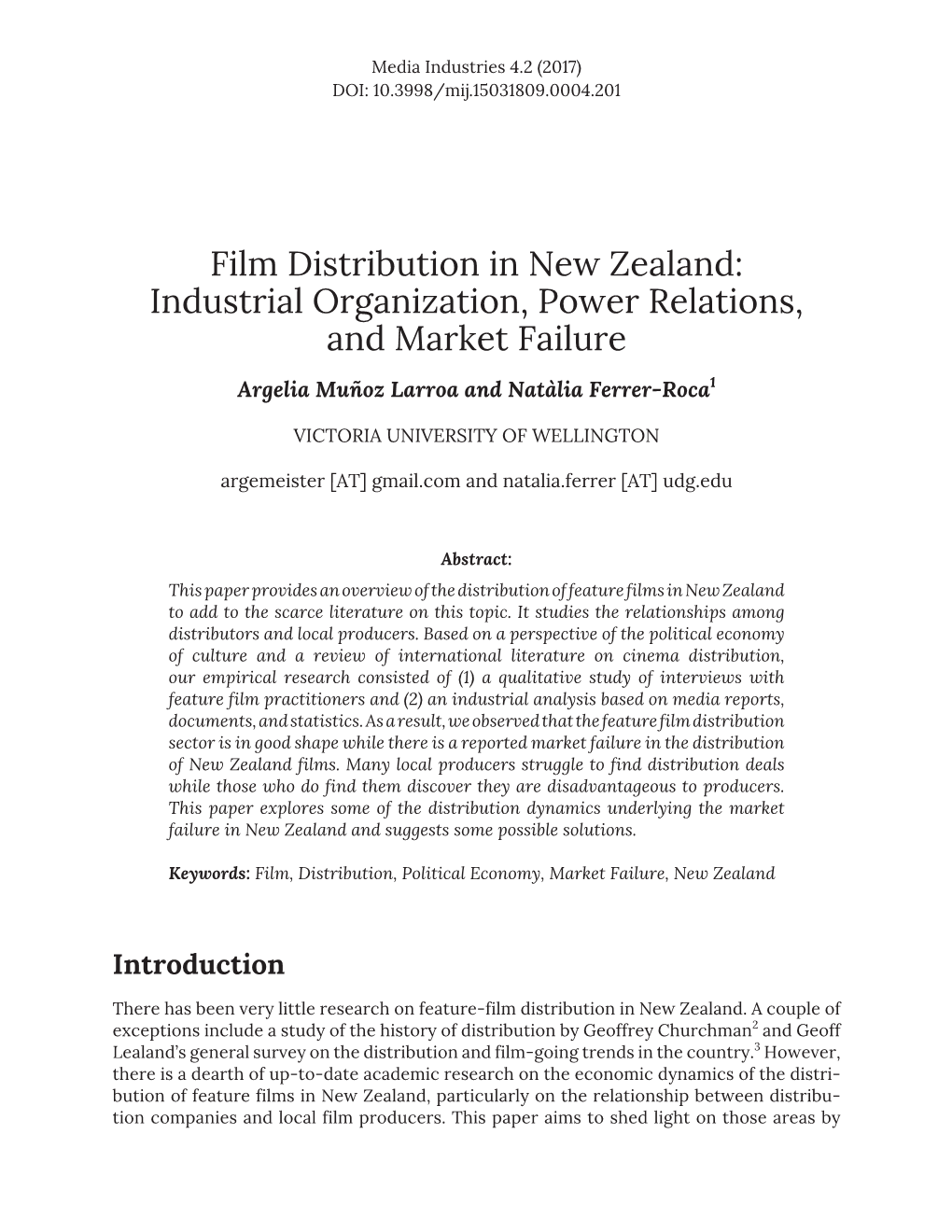 Film Distribution in New Zealand: Industrial Organization, Power Relations, and Market Failure