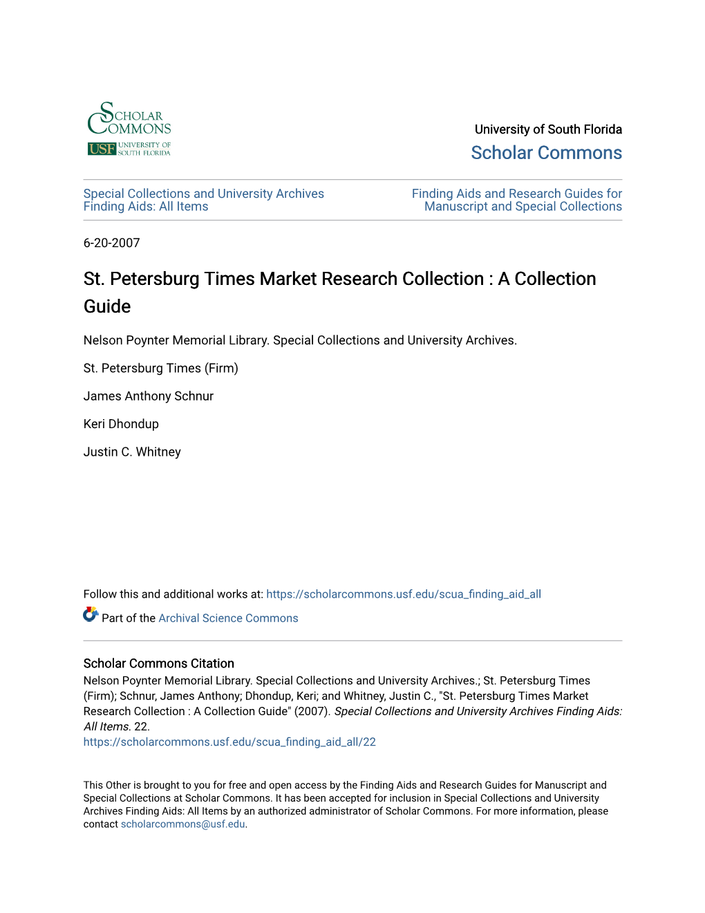 St. Petersburg Times Market Research Collection : a Collection Guide