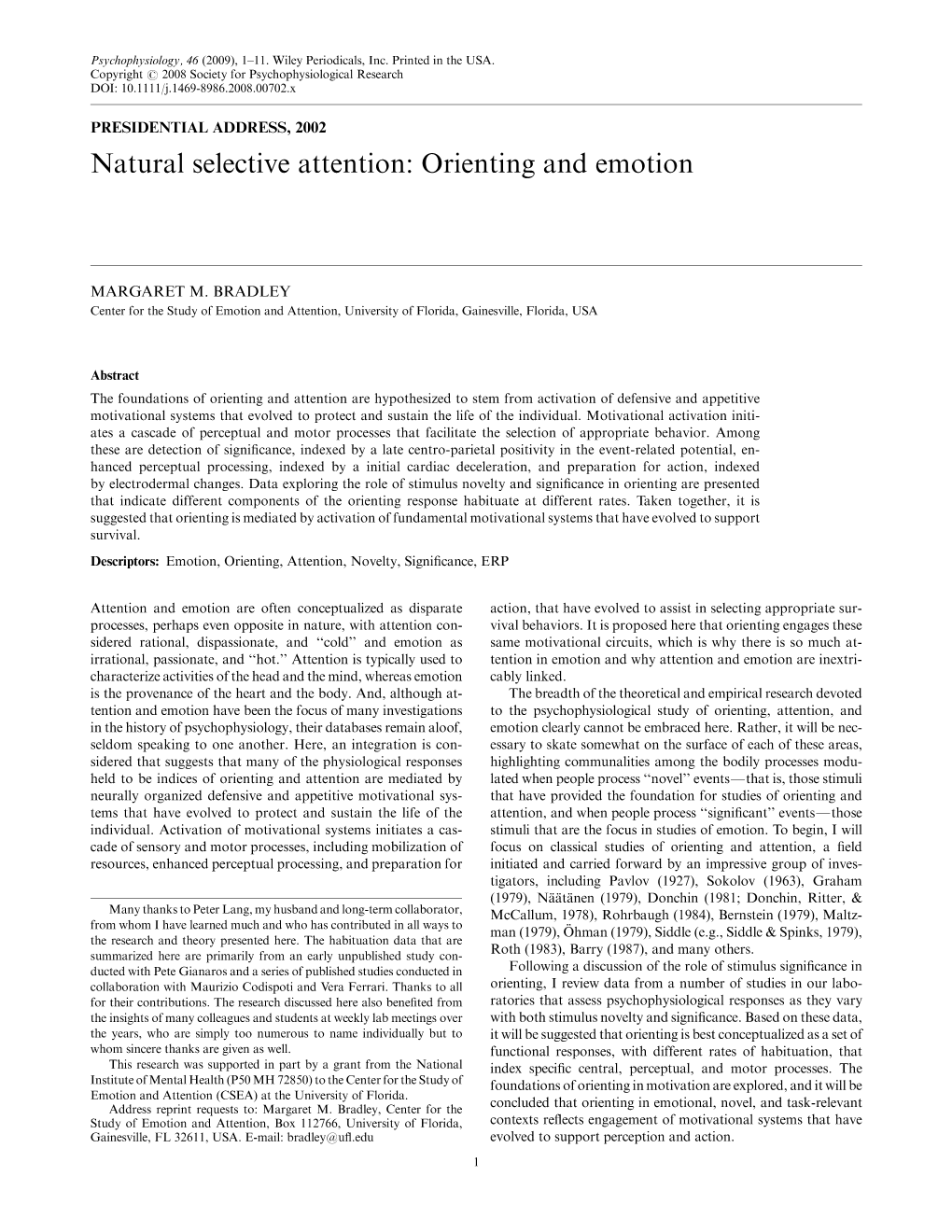 Natural Selective Attention: Orienting and Emotion