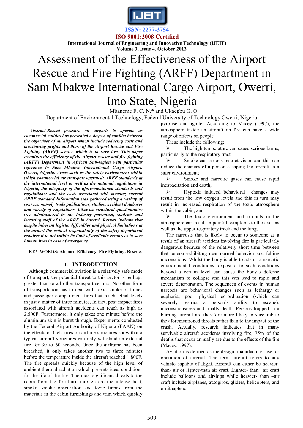Assessment of the Effectiveness of the Airport Rescue and Fire Fighting