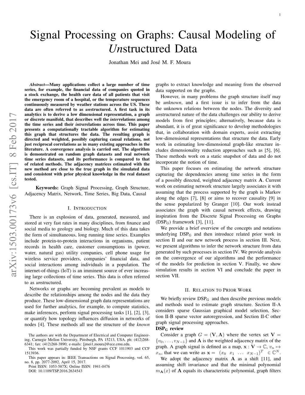 Signal Processing on Graphs: Causal Modeling of Unstructured Data Jonathan Mei and Jose´ M