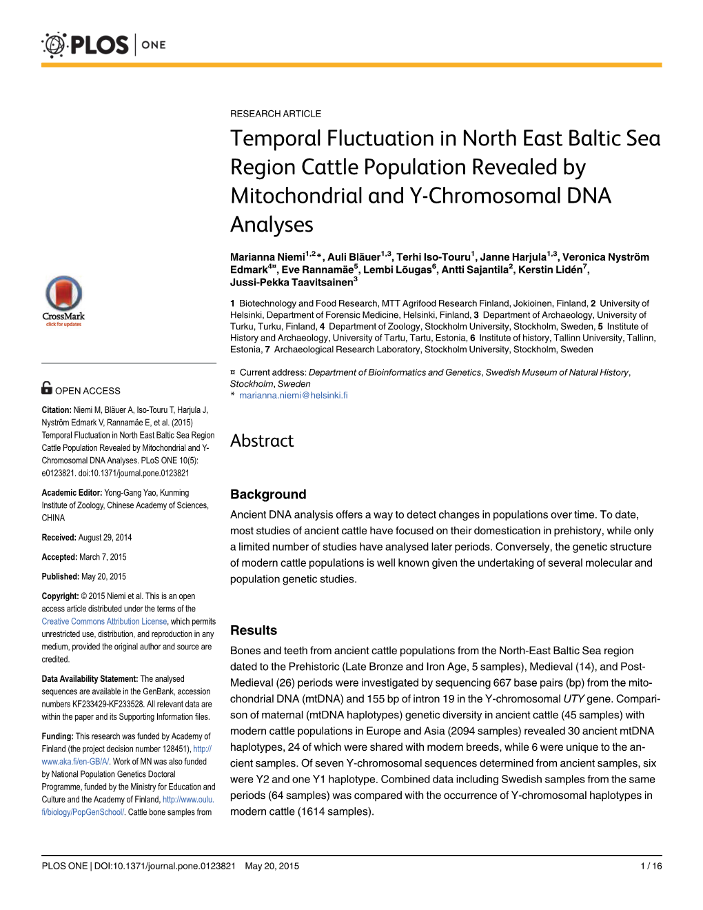 Temporal Fluctuation in North East Baltic Sea Region Cattle Population Revealed by Mitochondrial and Y-Chromosomal DNA Analyses