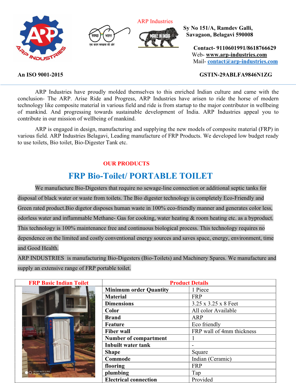 PORTABLE TOILET We Manufacture Bio-Digesters That Require No Sewage-Line Connection Or Additional Septic Tanks for Disposal of Black Water Or Waste from Toilets