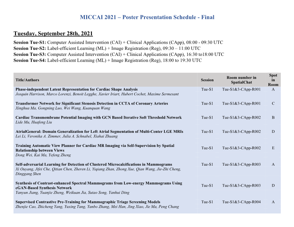 Poster Presentation Schedule (Tentative) – Updated August 31St