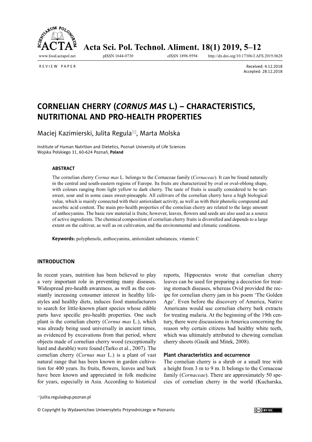 Cornelian Cherry (Cornus Mas L.)–Characteristics, Nutritional and Pro-Health Properties