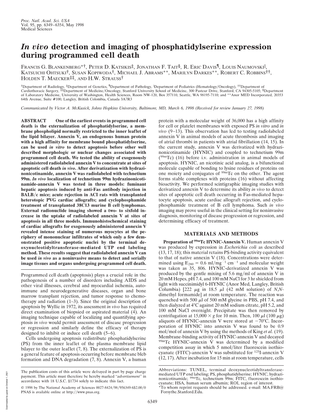 In Vivo Detection and Imaging of Phosphatidylserine Expression During Programmed Cell Death