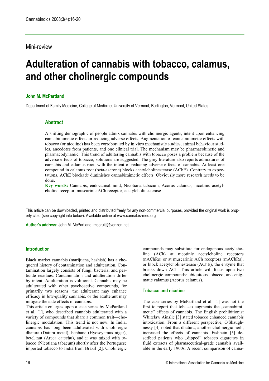 Adulteration of Cannabis with Tobacco, Calamus, and Other Cholinergic Compounds