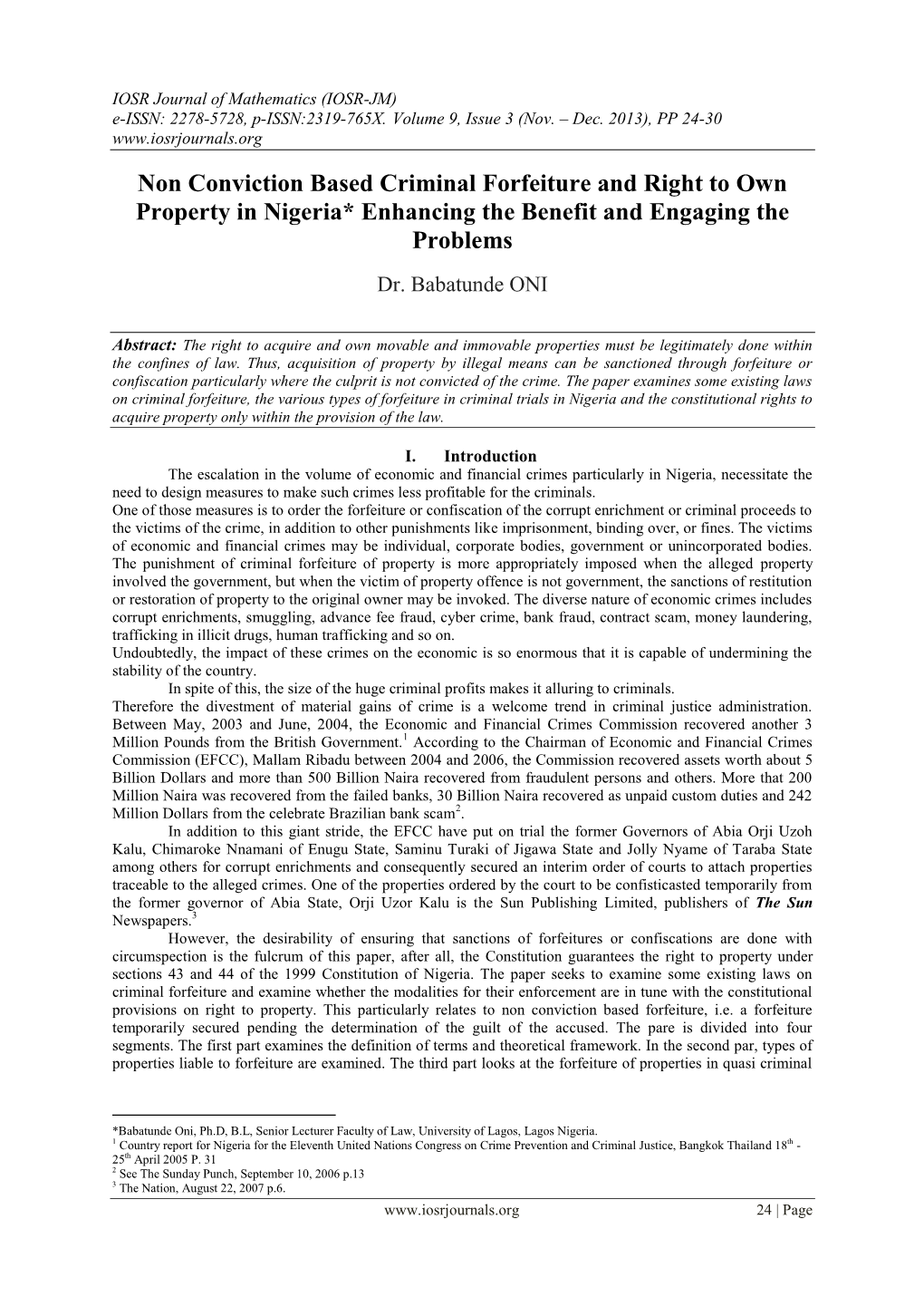 Non Conviction Based Criminal Forfeiture and Right to Own Property in Nigeria* Enhancing the Benefit and Engaging the Problems