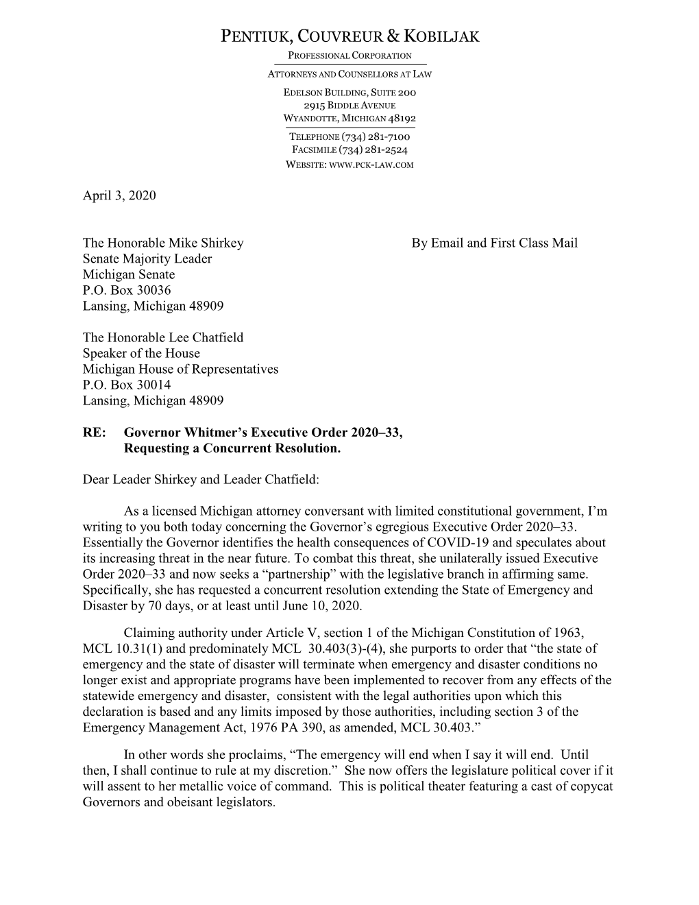 COVID-19 Response Letter to Michigan Legislature
