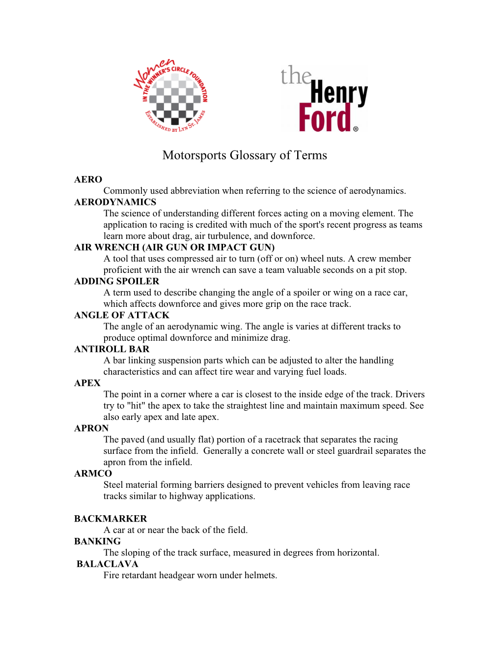 Motorsports Glossary of Terms