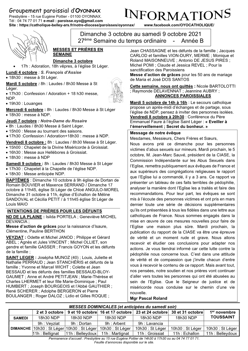 Groupement Paroissial D'oyonnax Dimanche 8 Août Au Samedi 14 Août 2021 19Ème Semaine Du Temps Ordinaire