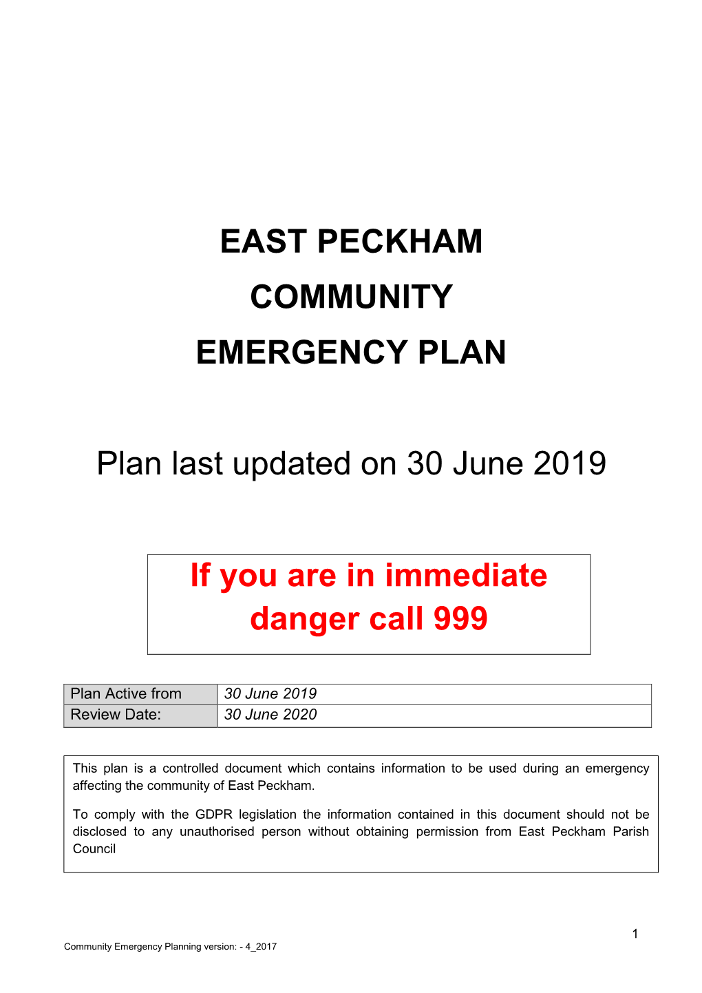 EAST PECKHAM COMMUNITY EMERGENCY PLAN Plan Last